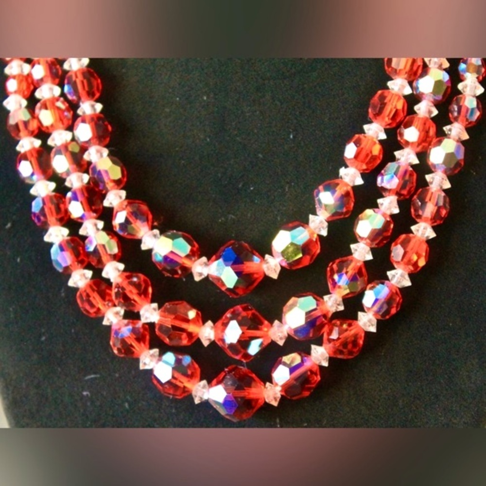 LAGUNA NECKLACE BRACELET EARRING VINTAGE 3PC SET ORANGE & CLEAR AURORA BOREALIS - Picture 9 of 11